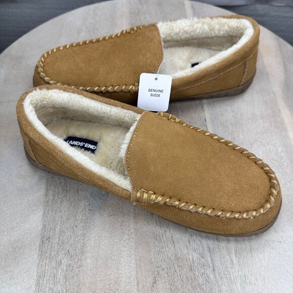 Lands' End Mens Slippers Size 9 Fuzzy Lined English Tan Suede Moccasin Slipper - Picture 5 of 14